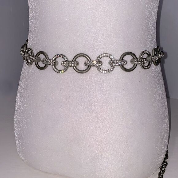 Accessories - Vintage Rhinestone Embellished Circle Link Silver Chain Belt with Claw Closure